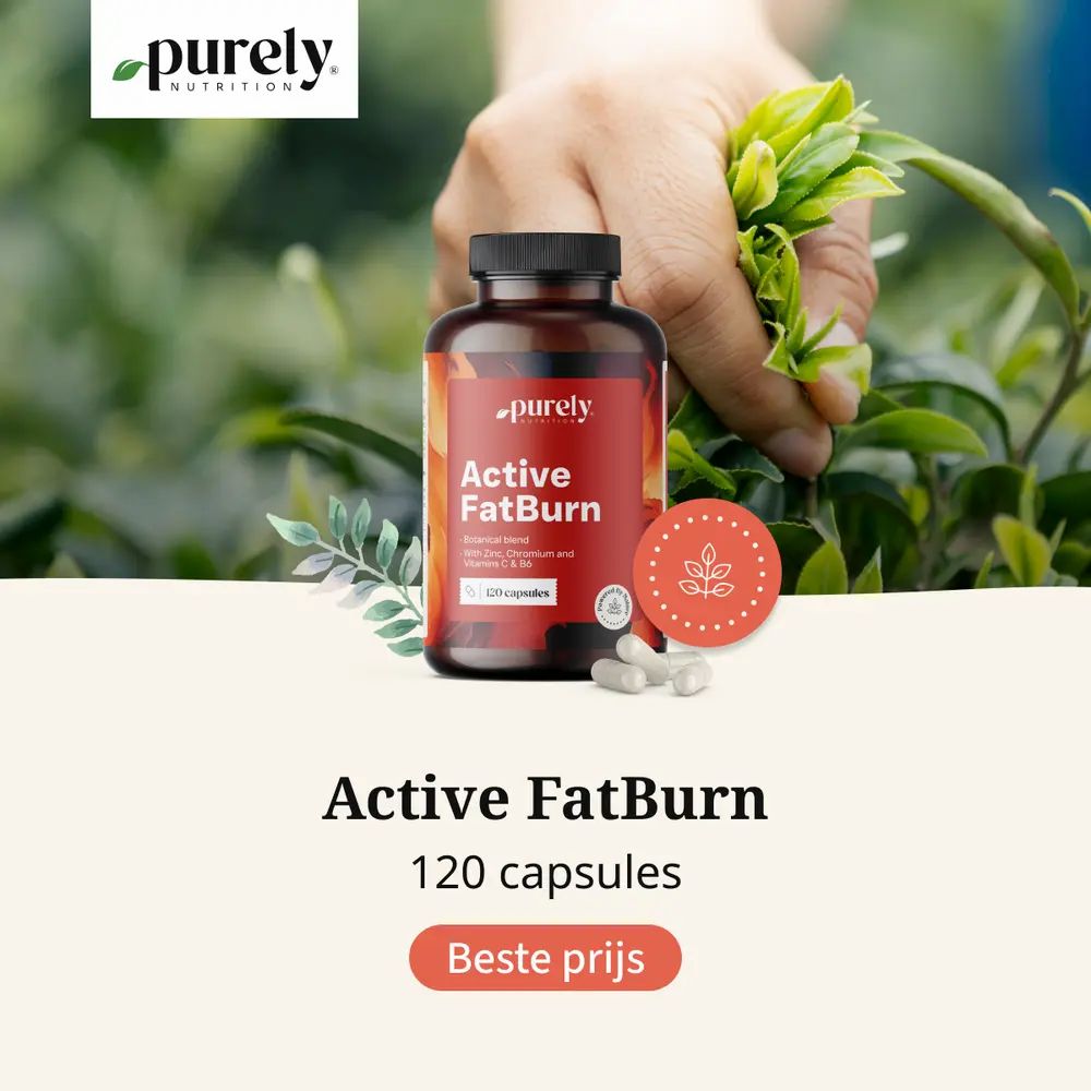 Meerdere potten 'Active FatBurn' op rode achtergrond. Links: 'Active FatBurn', 120 capsules, botanische mix.