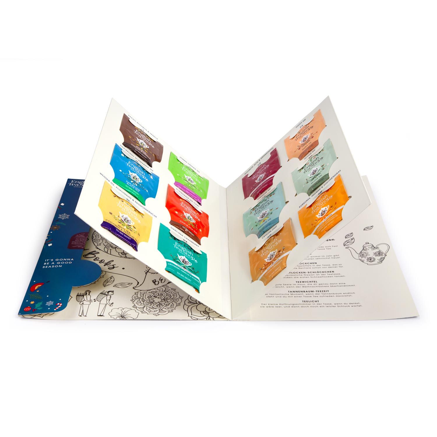 Adventskalender open met theezakjes. Verschillende theezakjes in felle kleuren. Opschrift: It's gonna be a good season.