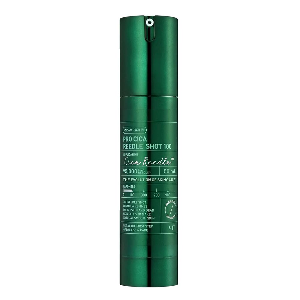 Donkergroene fles met doseerpomp, Pro Cica Reedle Shot 100 opschrift.