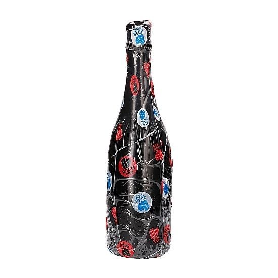 Buttplug noir en forme de bouteille, décoré de cercles rouges et bleus.