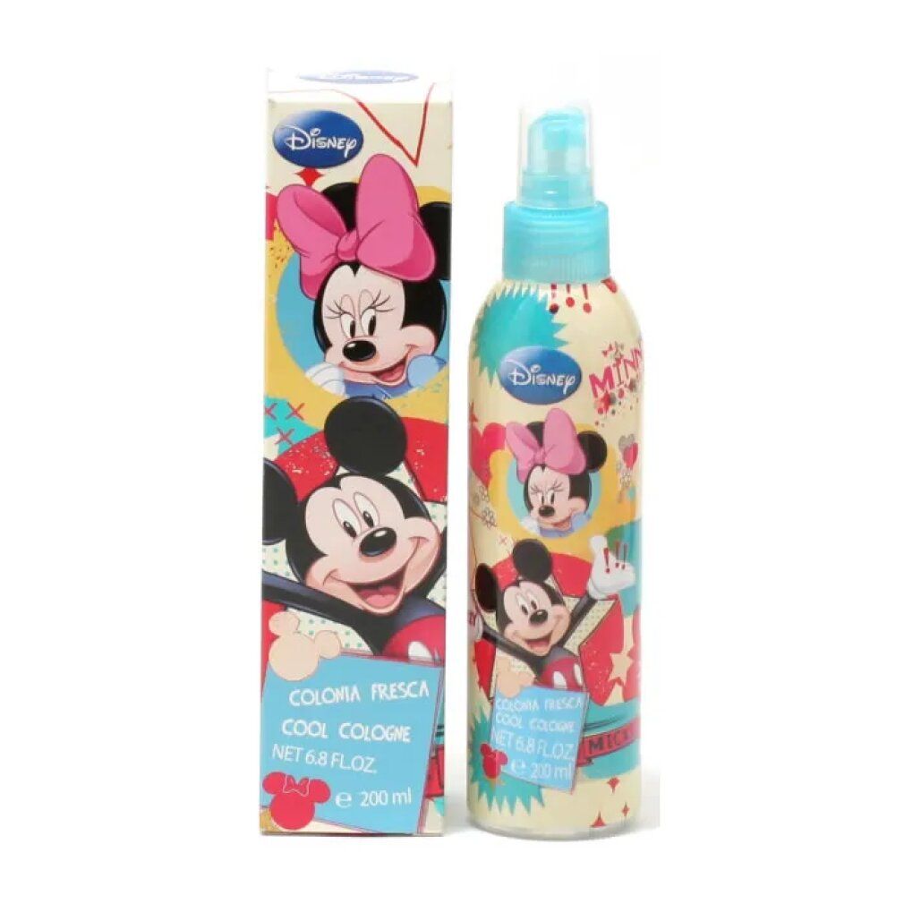 Spray corporel Minnie Mouse avec emballage. Inscription: Colonia Fresca Cool Cologne. Bouteille avec vaporisateur.