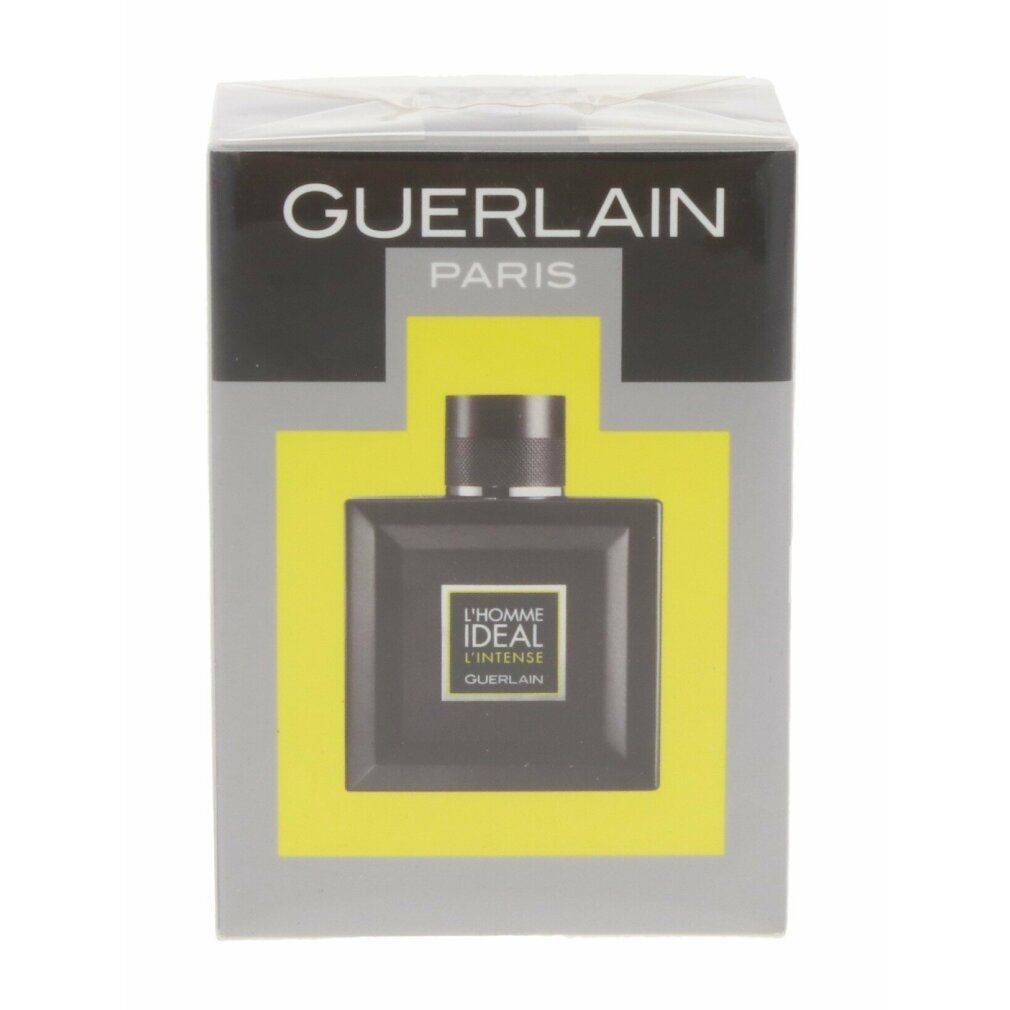 Emballage avec flacon. Inscription : Guerlain Paris, L'Homme Ideal L'Intense. Fond jaune. Flacon noir.