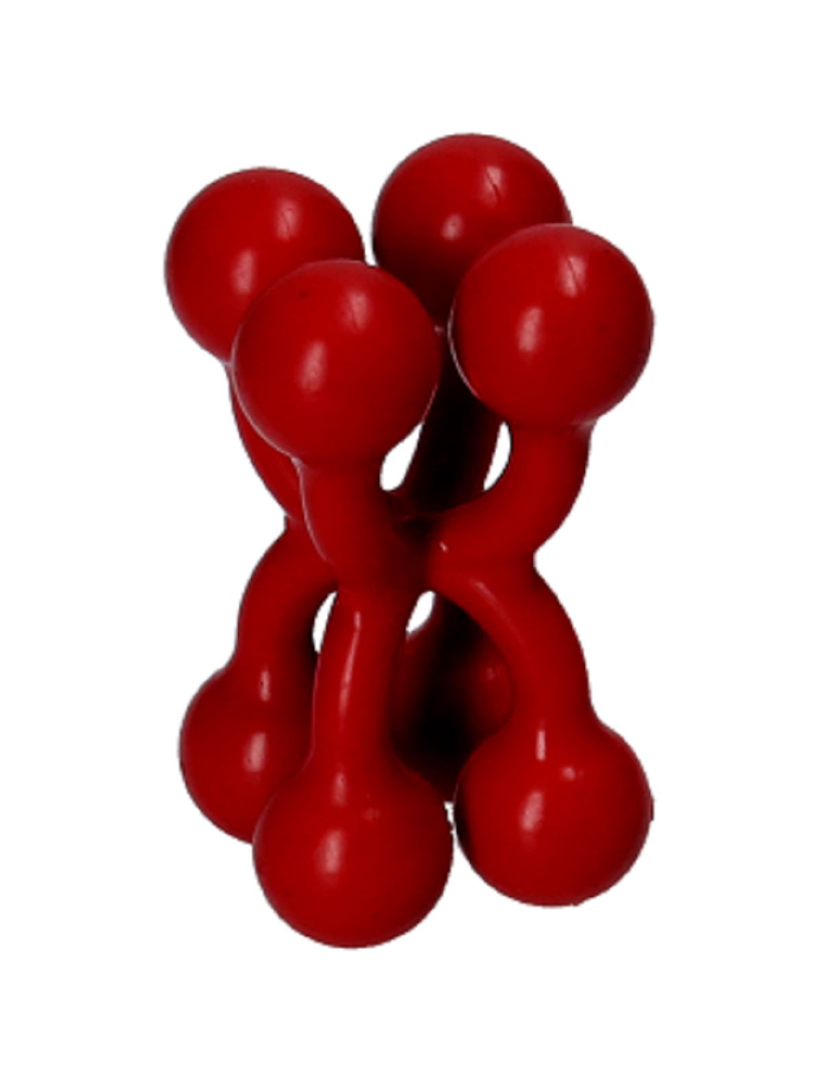 Produit de bien-être rouge avec six extrémités sphériques, reliées par des tiges incurvées. Autoportant, sur fond blanc.