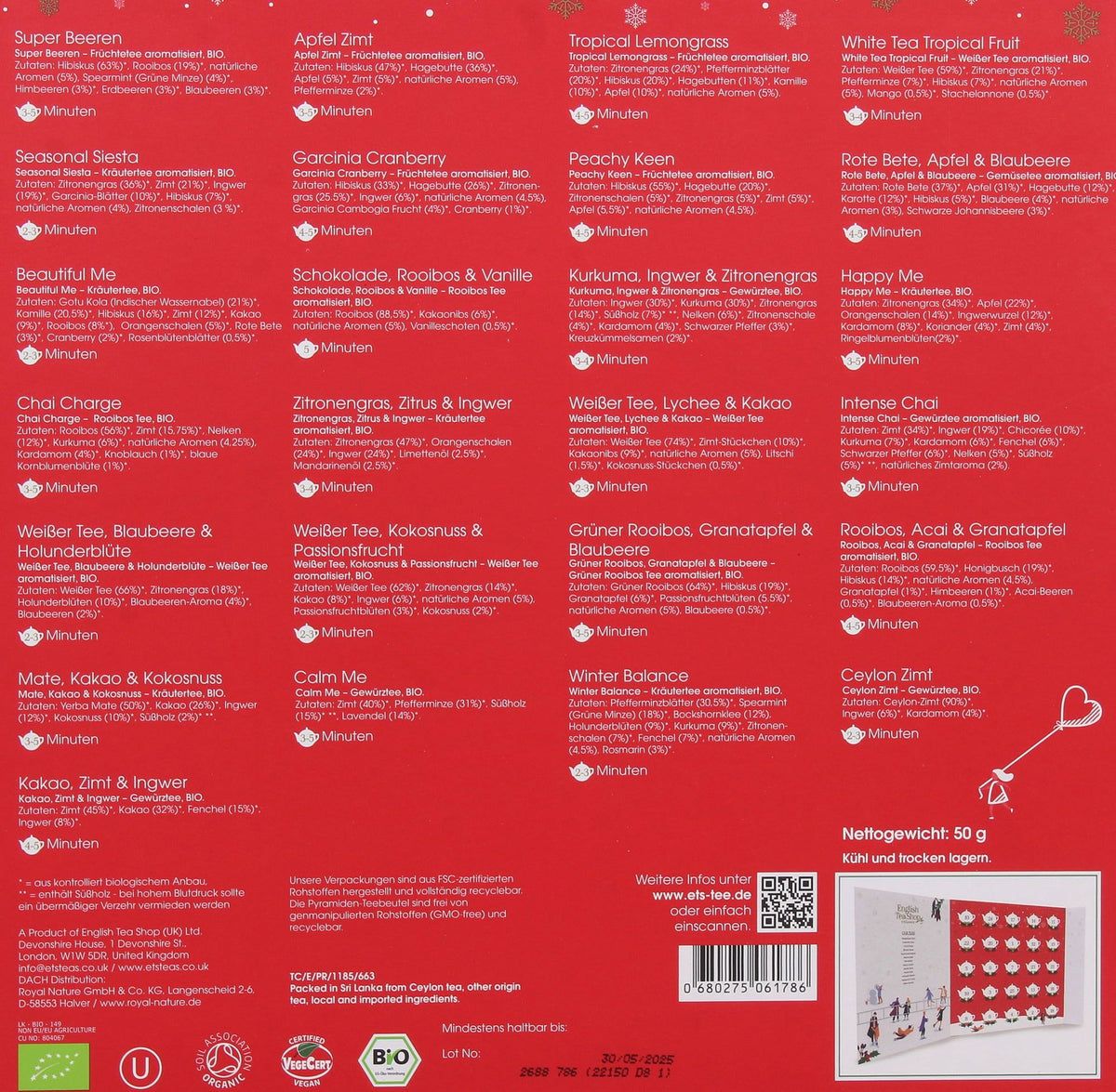 Dos du calendrier de l'Avent avec informations sur le produit, ingrédients, certifications et code QR. Net 50g.