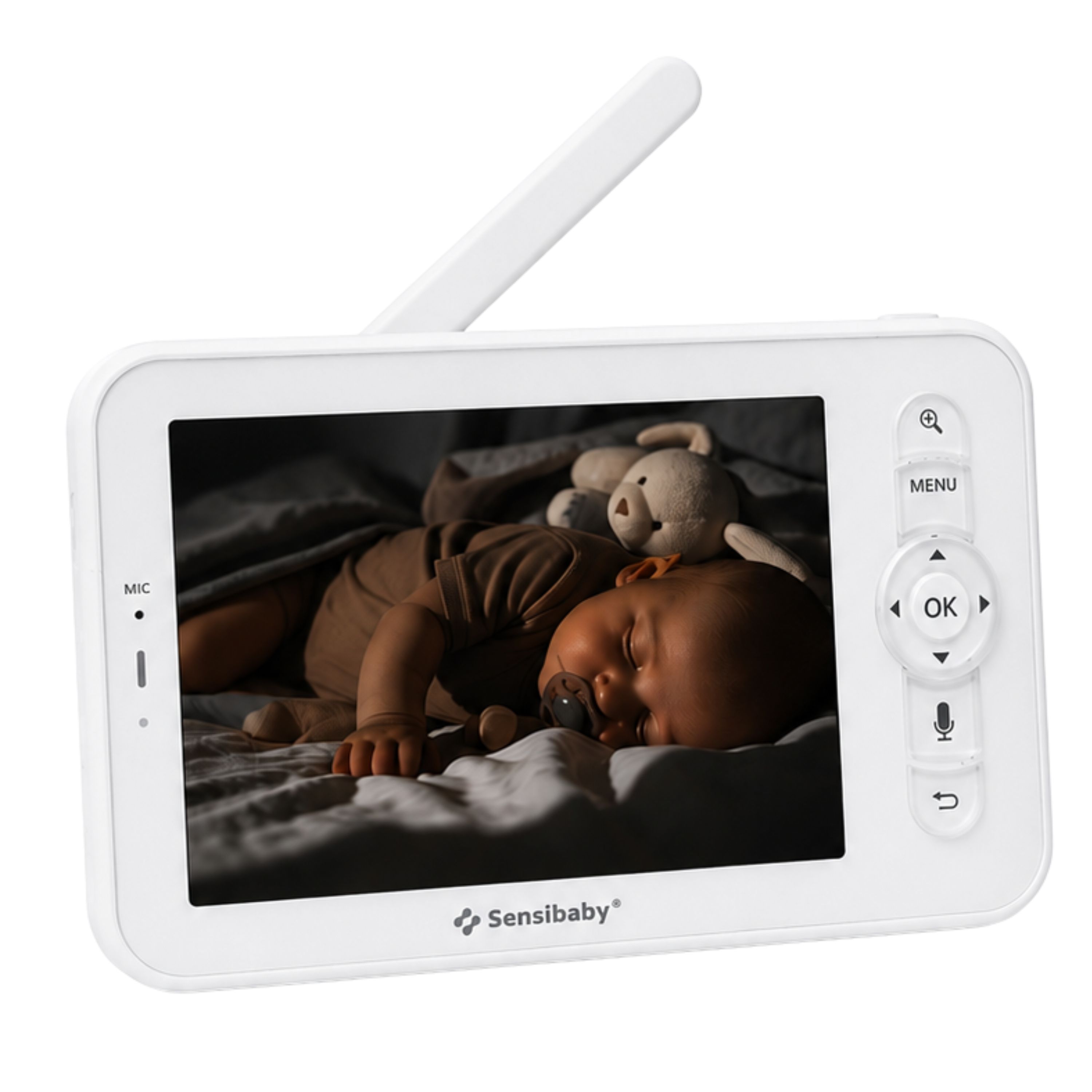 5-inch monitor van een babyfoon met camera. Toont slapende baby met knuffel. Witte voorkant.