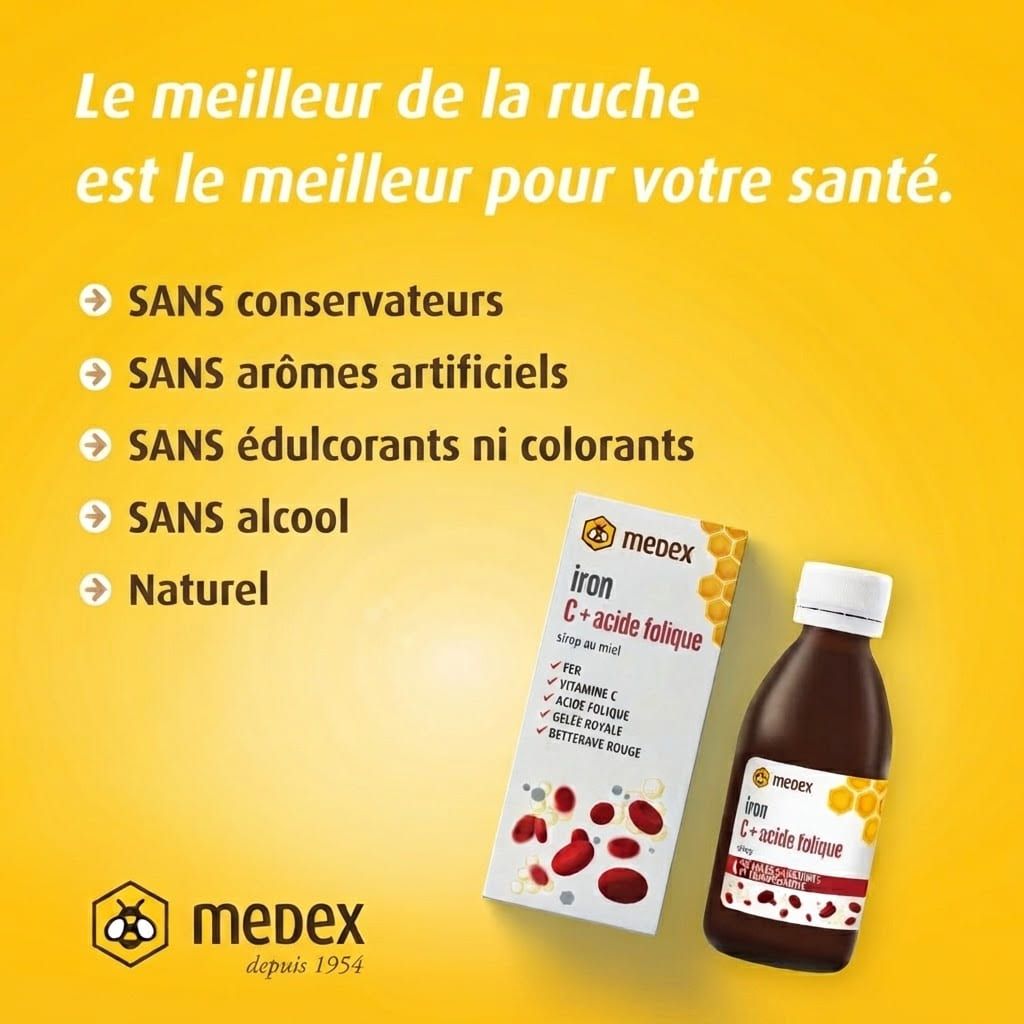 Medex Fer C + Acide Folique Sirop : Bouteille et boîte du produit sur fond jaune. Le texte souligne 'Le meilleur de la ruche' et les ingrédients naturels.