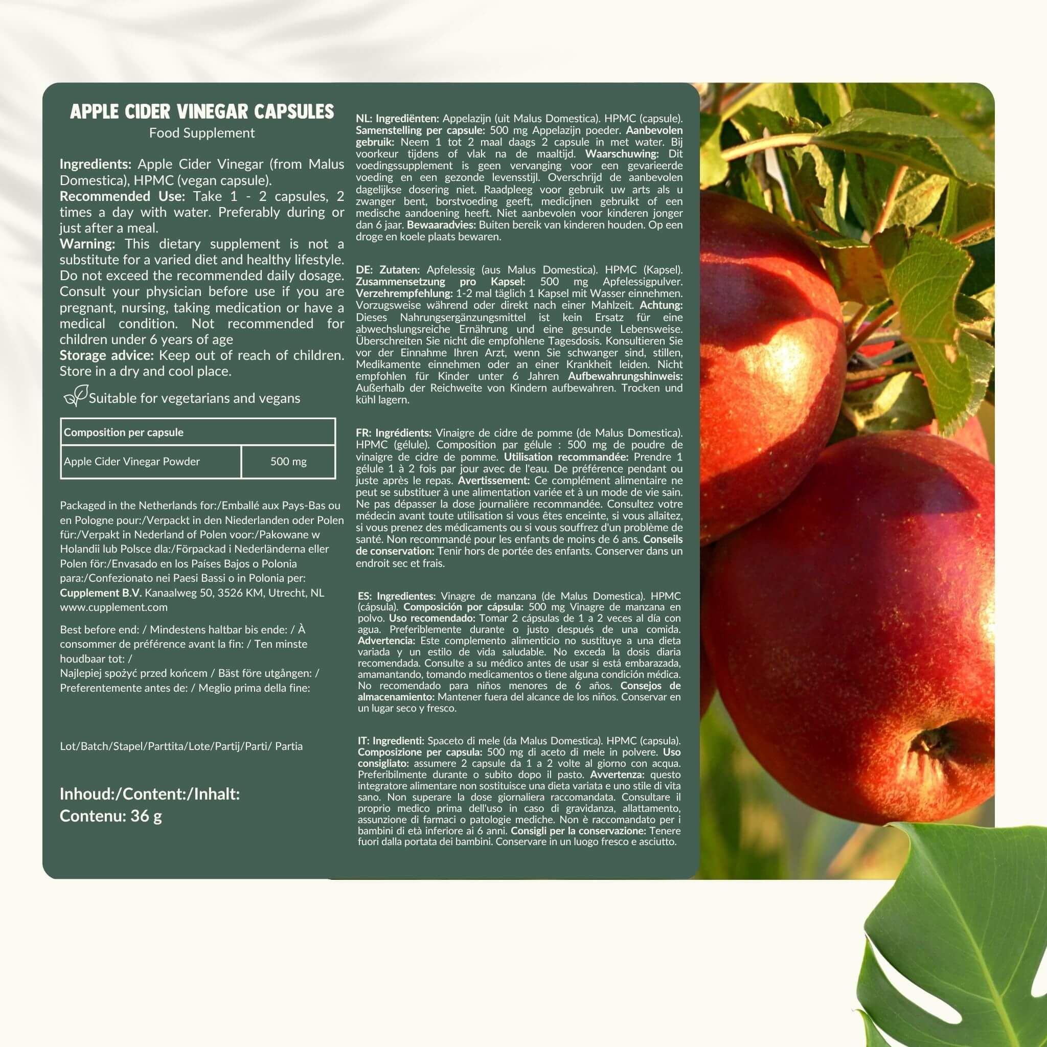 Zakje met tekst en capsules. Tekst: Apple Cider Vinegar Capsules. Capsules ernaast.