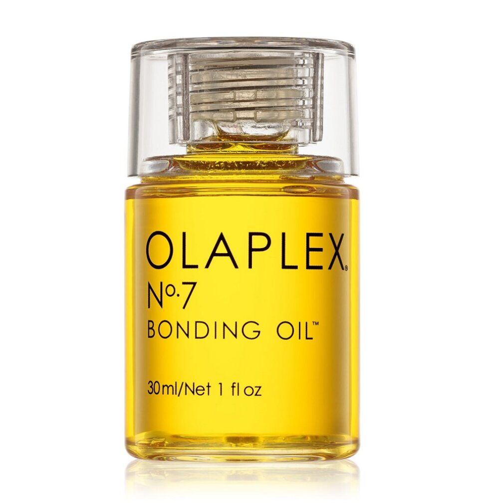 Olaplex Nr. 7 Bonding Oil. Transparante fles met gele olie. Transparante dop. Volume-aanduiding: 30ml/1 fl oz.