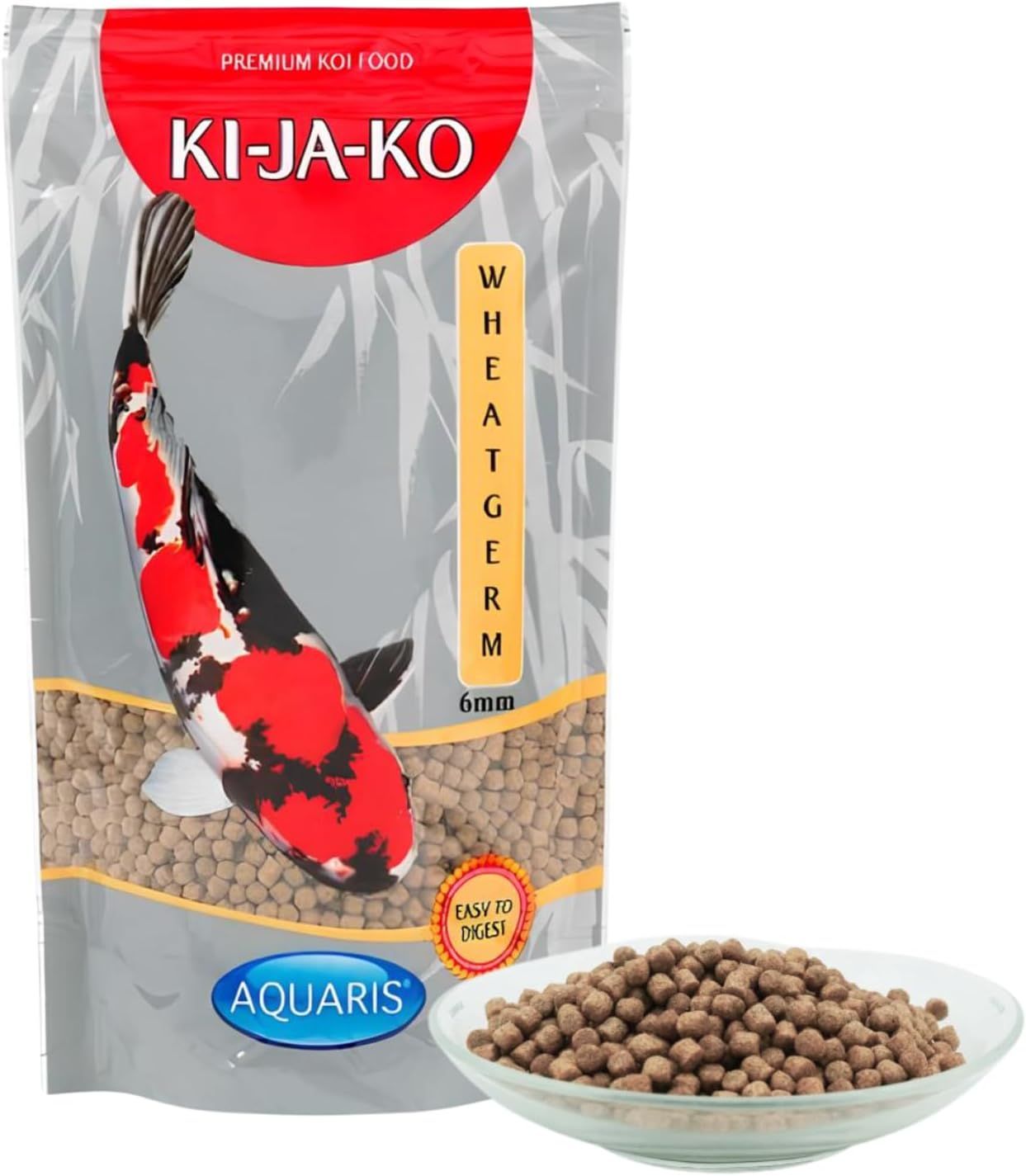 KI-JA-KO Koifischfutter Wheatgerm 6 mm. Zak met koi-afbeelding en pellets in kom.