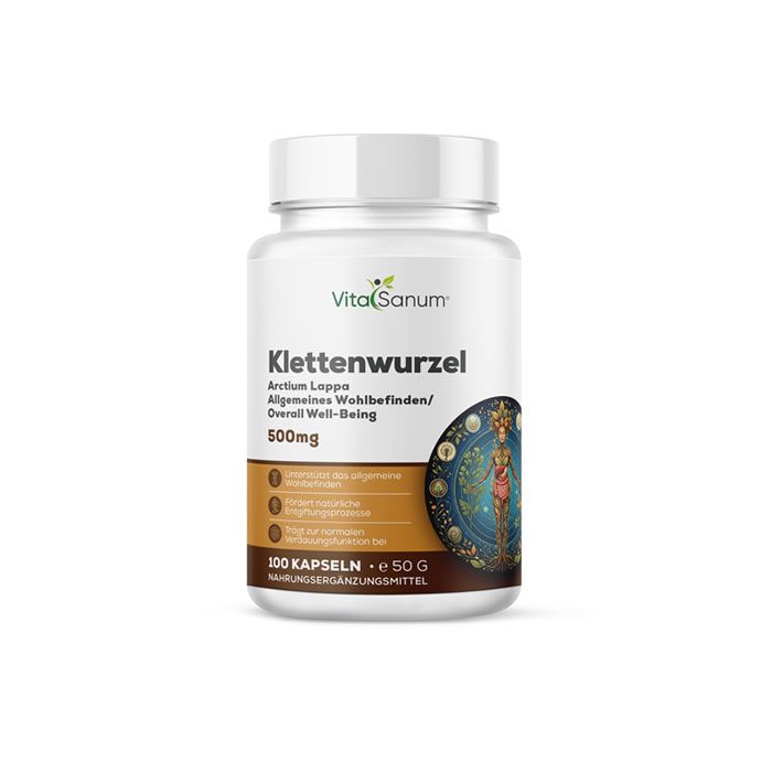 Witte fles met capsules. Opschrift: VitaSanum, Klettenwurzel, 500mg. Etiket met productinfo en logo.