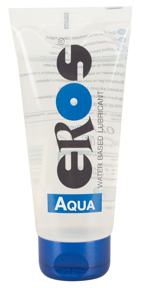 Tube met transparante gel, blauwe dop. Opschrift: EROS Aqua.