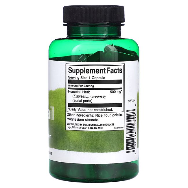 Dos d'un flacon vert. Inscription: Supplement Facts. Horsetail Herb 500 mg. Ingrédients.