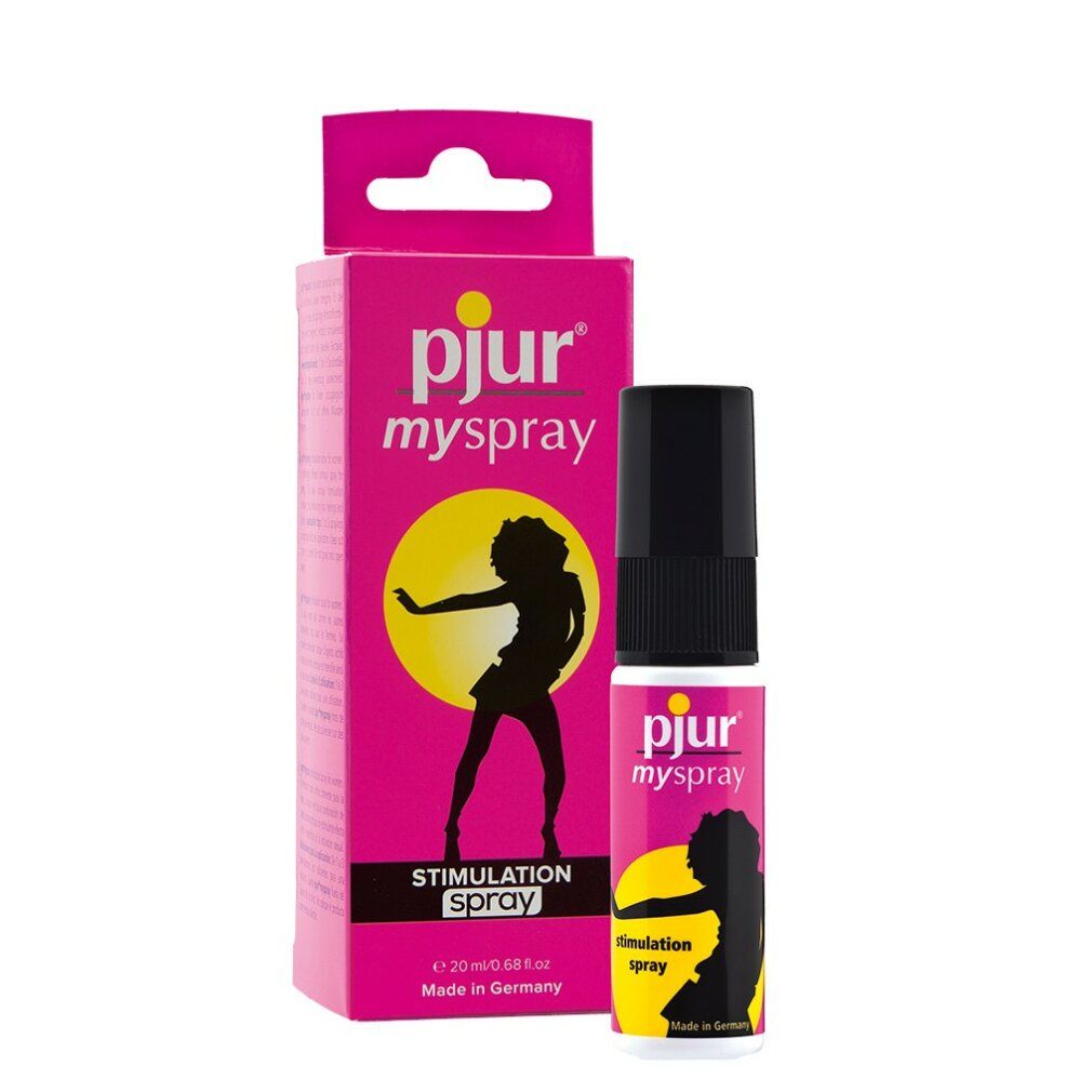 Roze doos en fles. Logo pjur, tekst myspray, illustratie vrouw. Tekst: Stimulation Spray. Fles met zwarte verstuiver.
