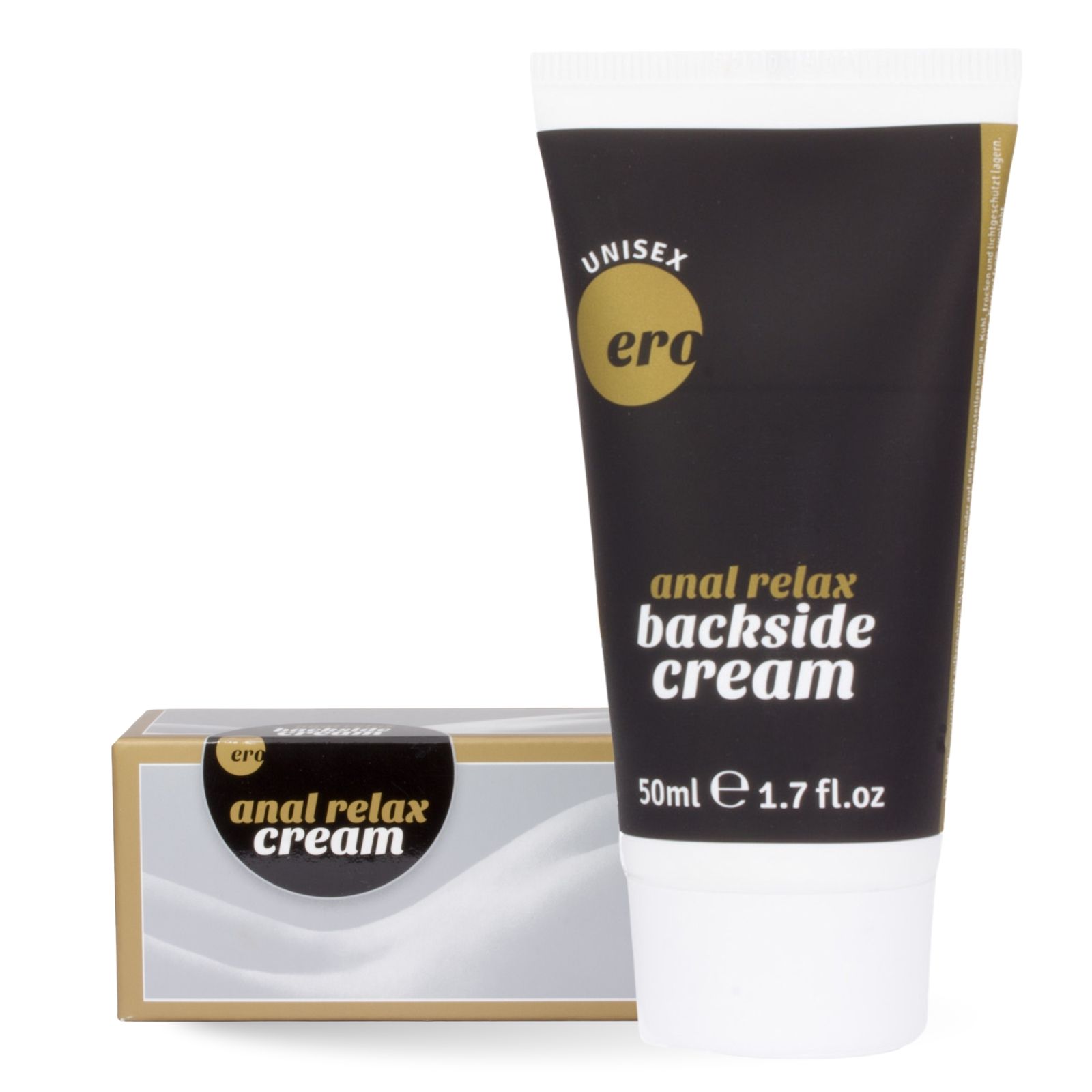 Crèmetube en doos. Opschrift: "Ero", "anal relax backside cream". Zwarte tube, gouden tekst.