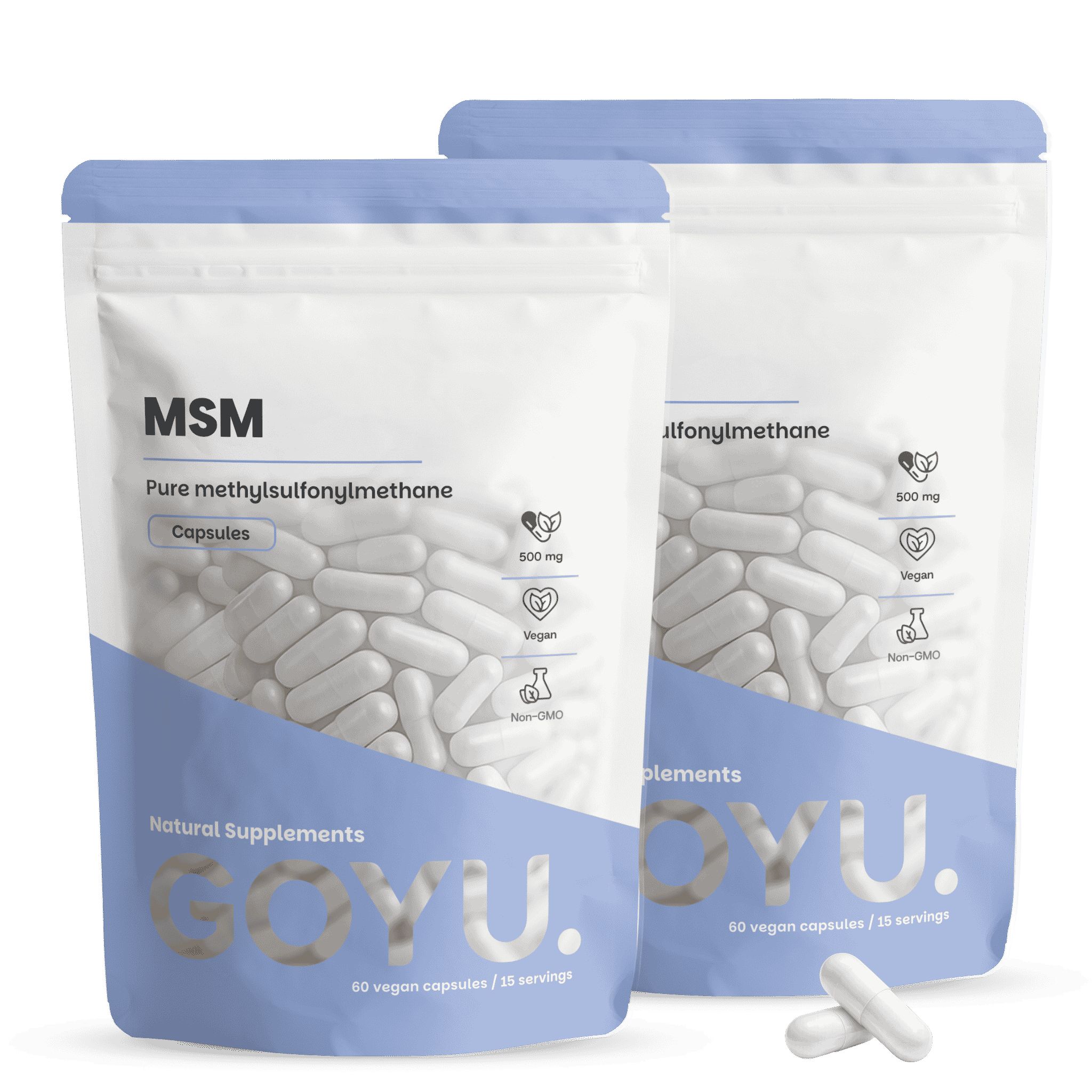 Deux paquets de gélules GOYU MSM : 60 gélules végétales par paquet de méthylsulfonylméthane pur (500 mg). Végétalien et sans OGM.