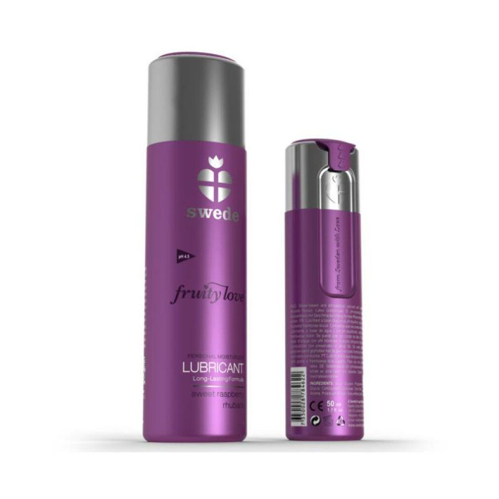 Deux bouteilles violettes avec bouchons argentés, lubrifiant 'swede fruity love'.