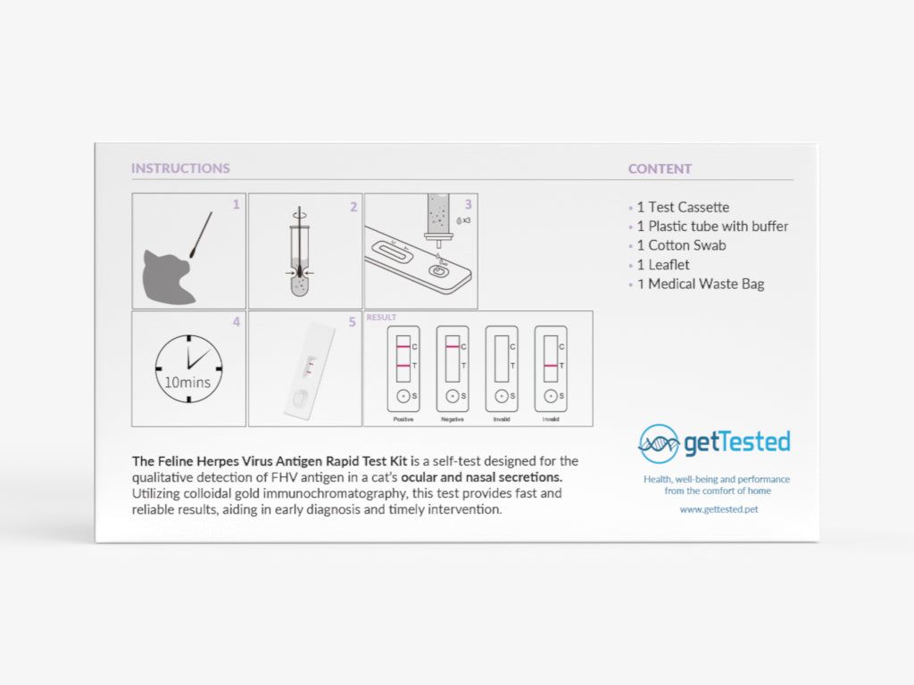 Boîte avec instructions et contenu. Comprend cassette de test, tube, coton-tige, notice et sac poubelle médical.