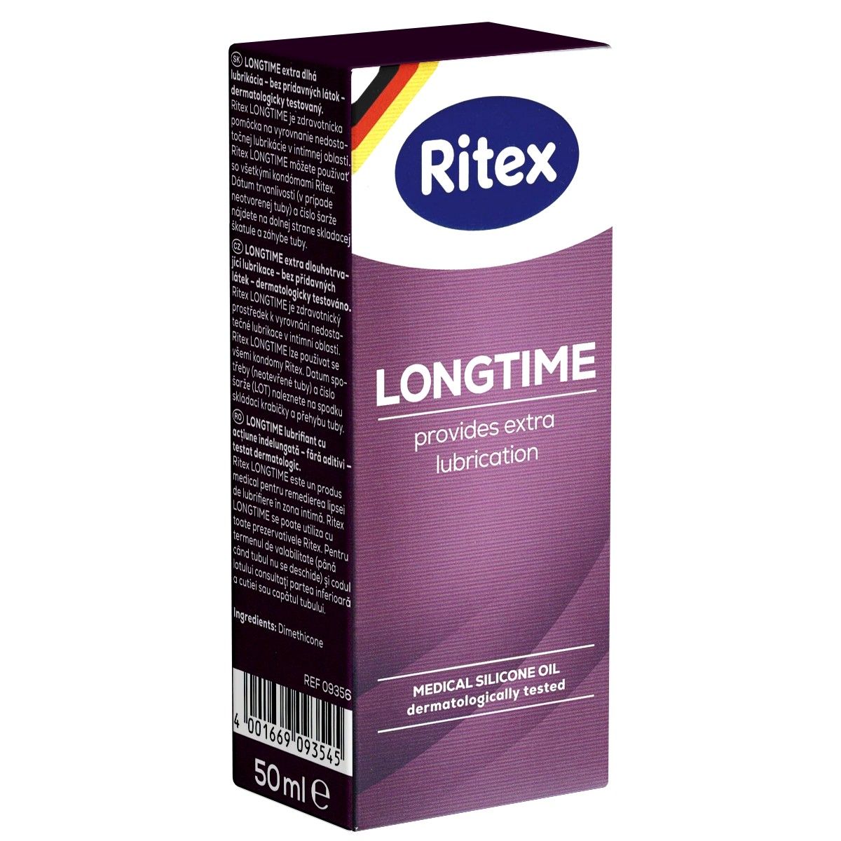 Boîte Ritex Longtime. Emballage violet et blanc avec nom et logo du produit. Contient de l'huile de silicone médicale, testée dermatologiquement.