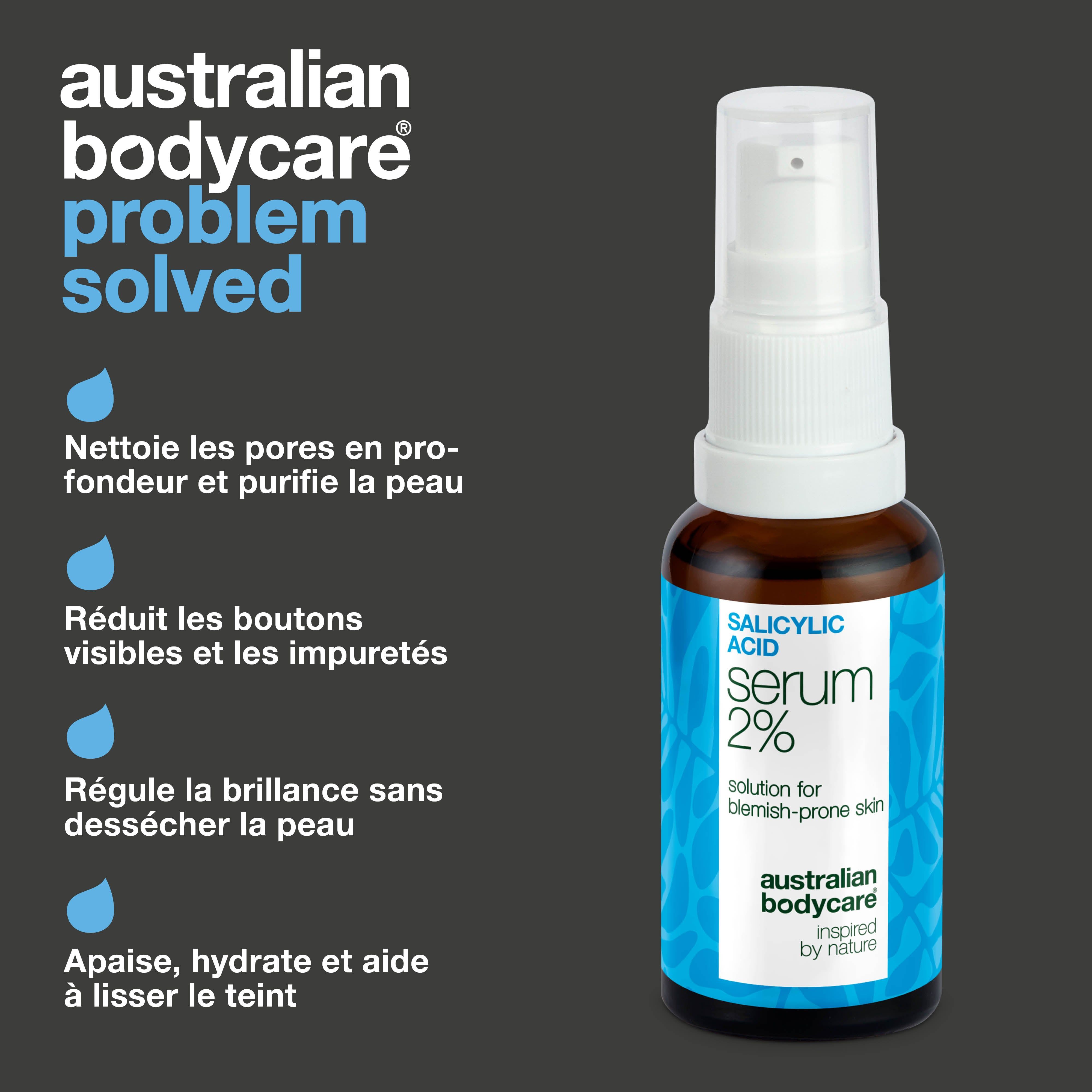 Flacon de sérum, texte : Salicylic Acid Serum 2%, australian bodycare. Texte : Problème résolu.