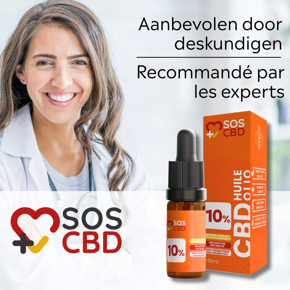 Vrouw in witte jas met stethoscoop. Logo SOS CBD. Fles en verpakking. Tekst: Aanbevolen door deskundigen.