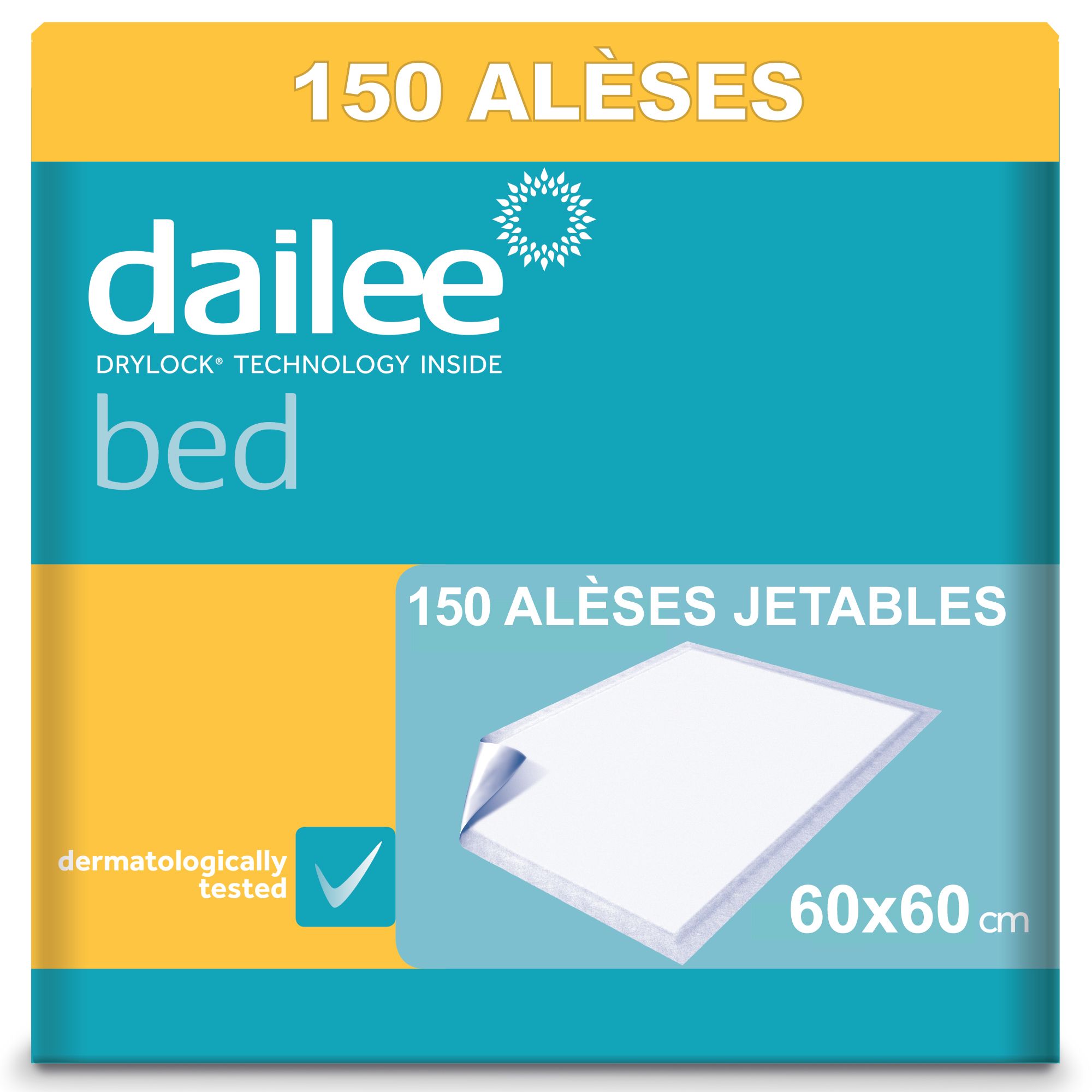 Alèse Dailee Bed, 150 unités. Emballage avec image du produit et logo.