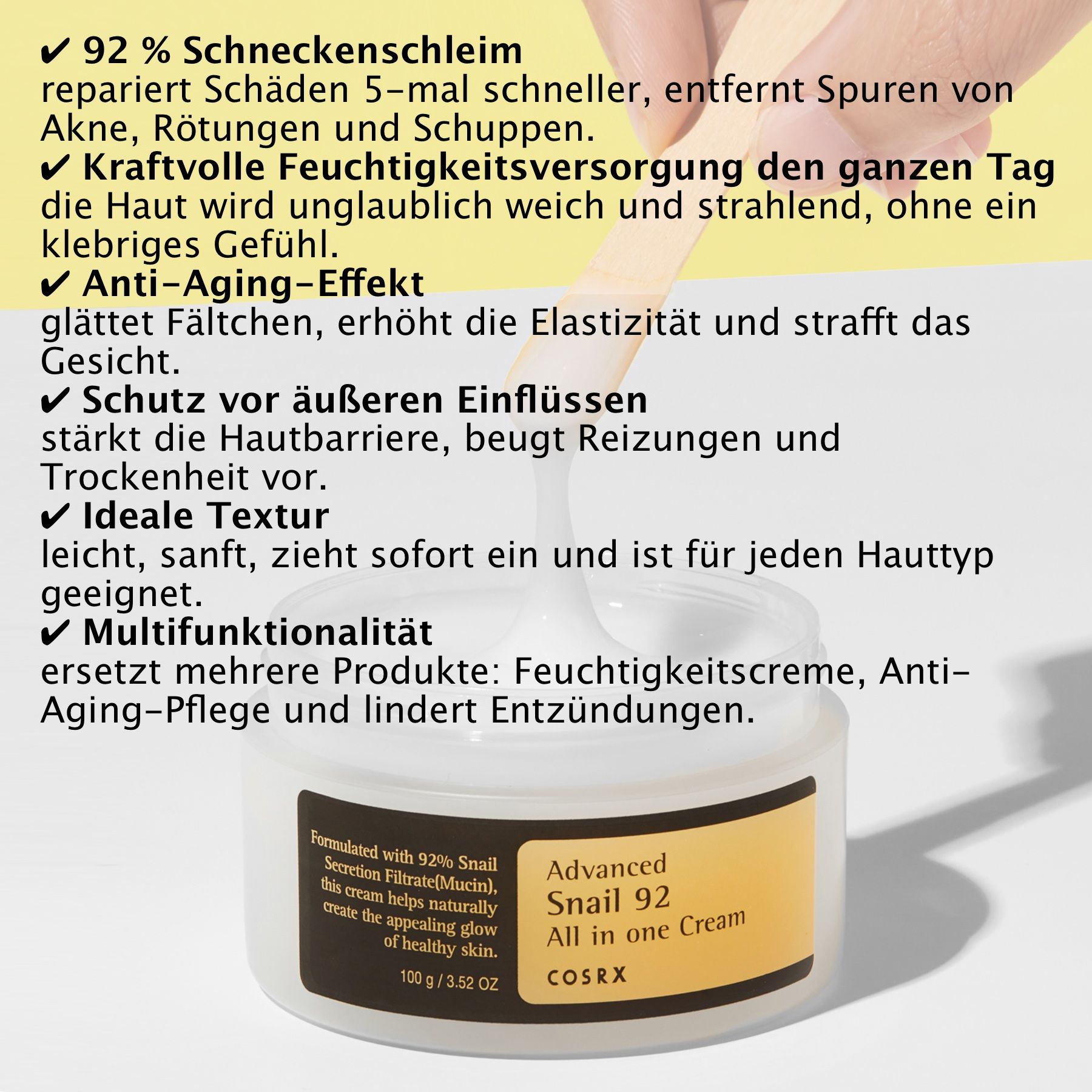 Crème pot met etiket: "Advanced Snail 92 All in one Cream COSRX".