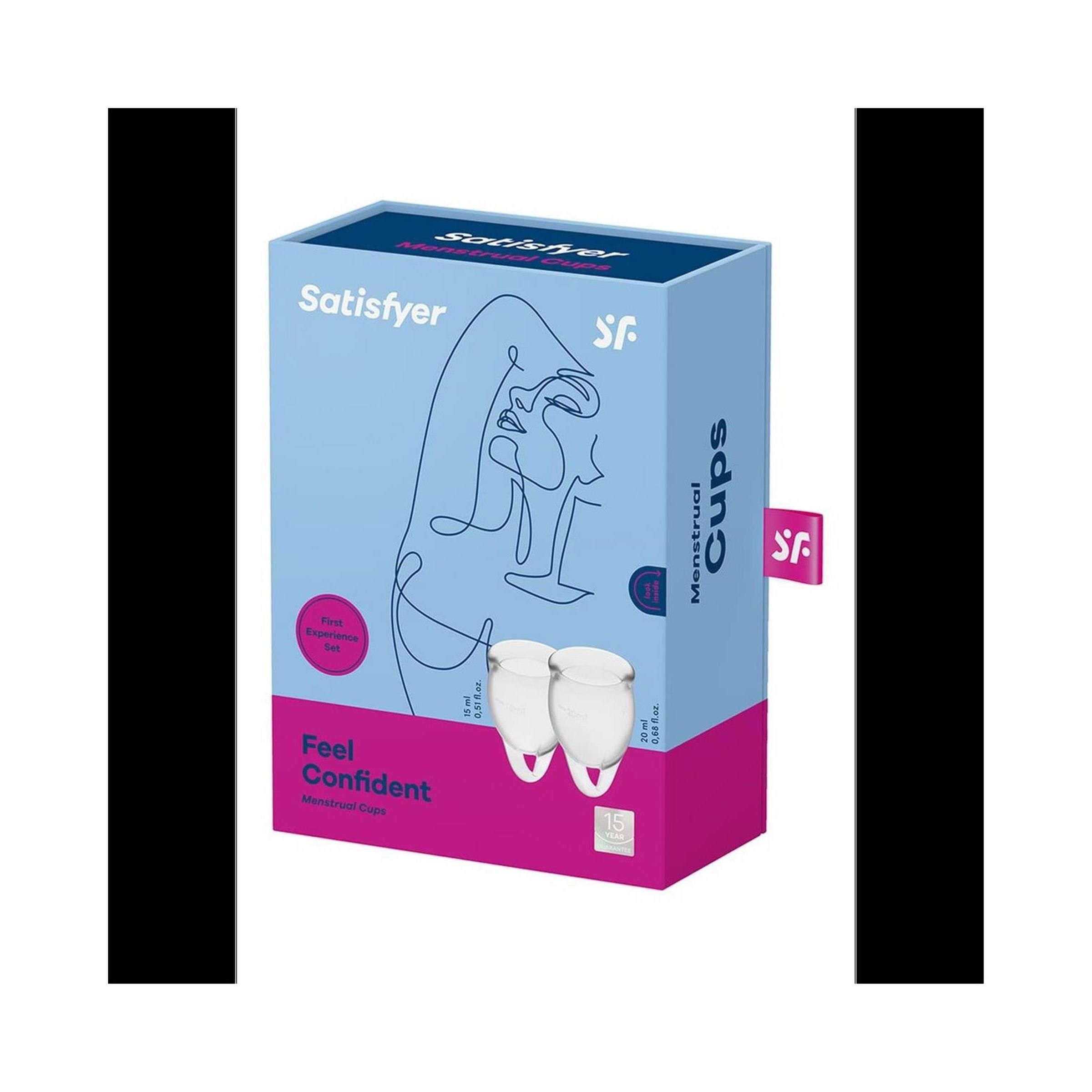 Boîte avec illustration du produit. Inscription : Satisfyer, Menstrual Cups. Deux coupes menstruelles représentées. Accents roses et bleus.