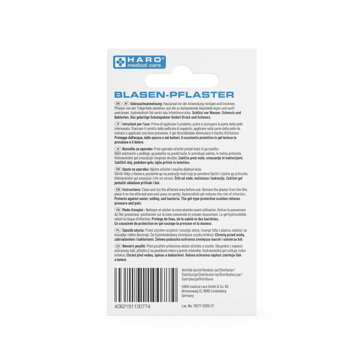Achterkant van de blarenpleisterverpakking. Tekst: HARO, Blasenpflaster. Meertalige gebruiksaanwijzing. Barcode en CE-markering.