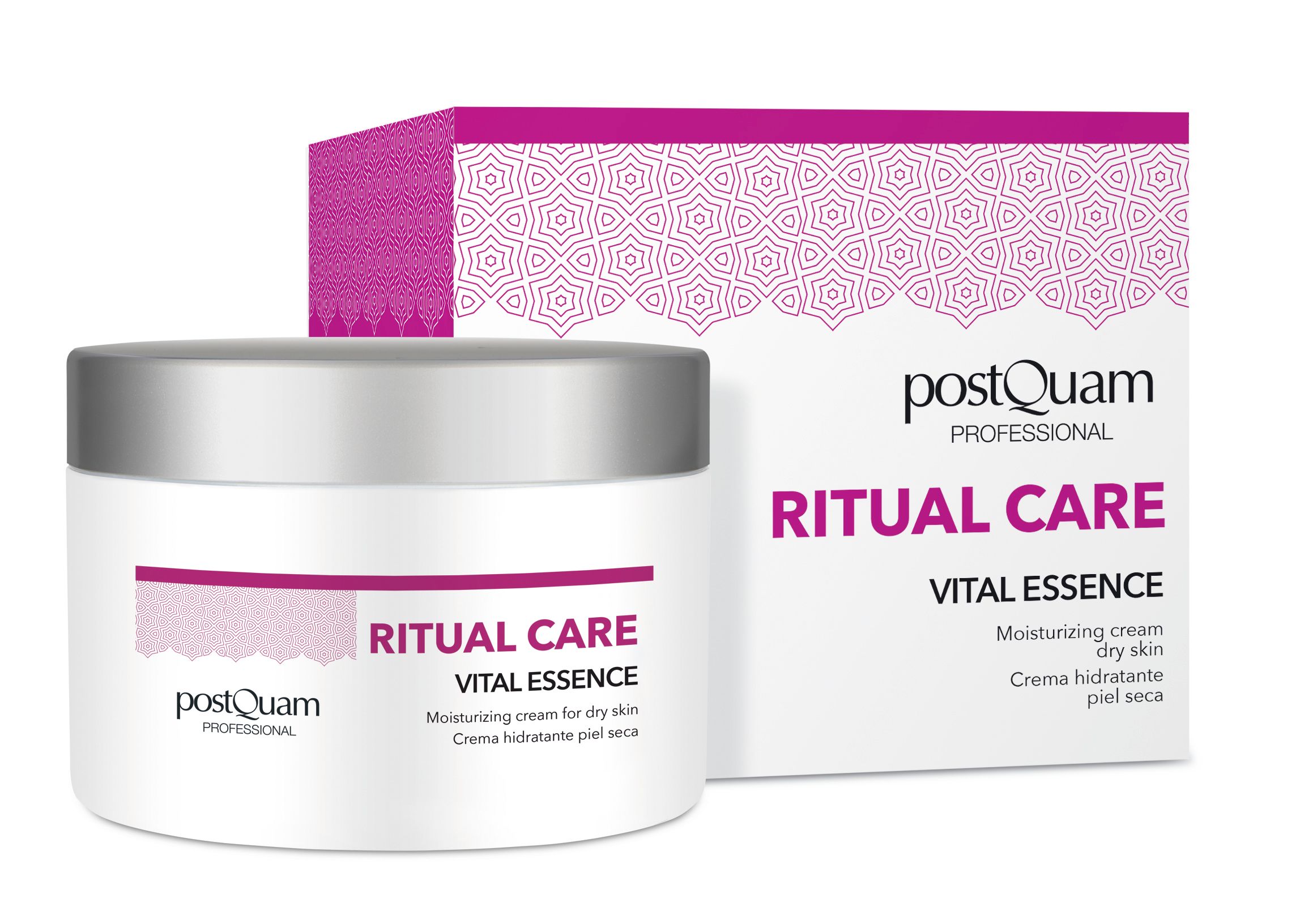 Crèmepot en verpakking. Opschrift: Ritual Care Vital Essence. Voor de droge huid. Merk: postQuam.