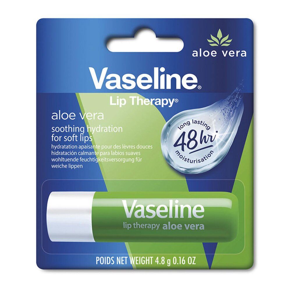 Stick de soin des lèvres vert en blister. Logo Vaseline, illustration aloe vera. Texte : Lip Therapy, hydratation 48h.