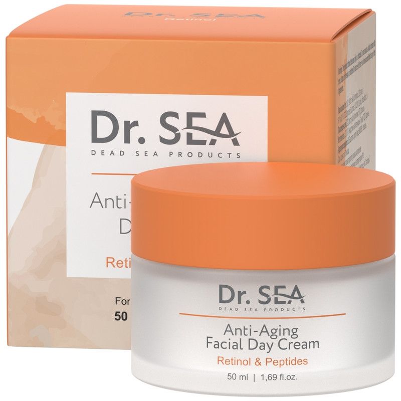 Crèmepot met oranje deksel. Opschrift: Dr. SEA, Anti-Aging Facial Day Cream, Retinol & Peptides.
