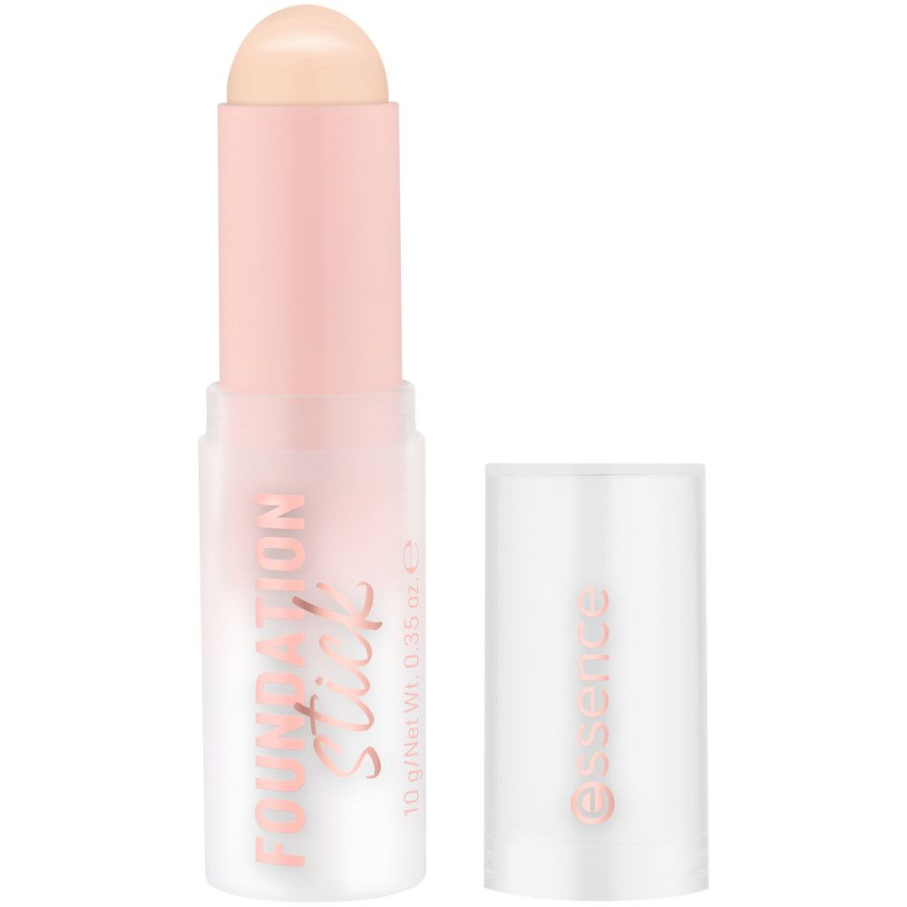 Essence Foundation Stick. Roze en witte verpakking met productnaam en merklogo. De dop is verwijderd.