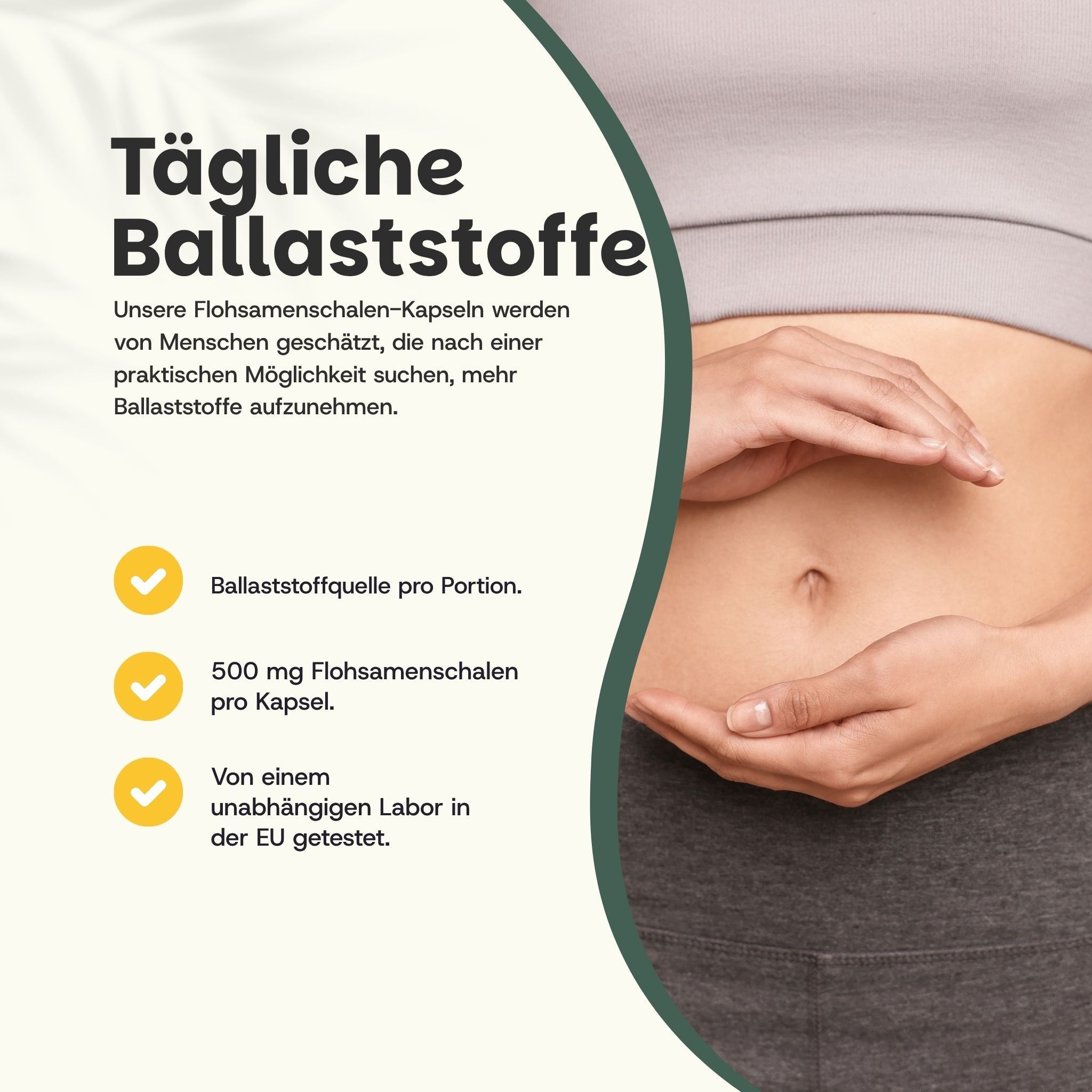 Buik van een persoon met handen die naar de navel wijzen. Tekst: Dagelijkse vezels.