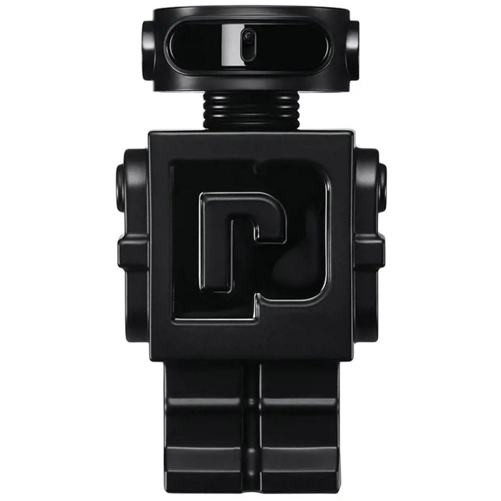 Flacon noir en forme de robot. Le logo "P" est visible sur la poitrine. Le flacon a un bouchon noir.