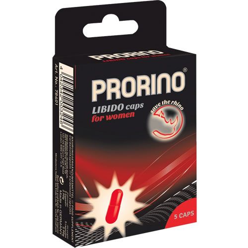 Boîte noire avec texte rouge: PRORINO LIBIDO caps for women. 5 gélules. Logo: Rhino. Une gélule rouge est mise en évidence par une étoile.