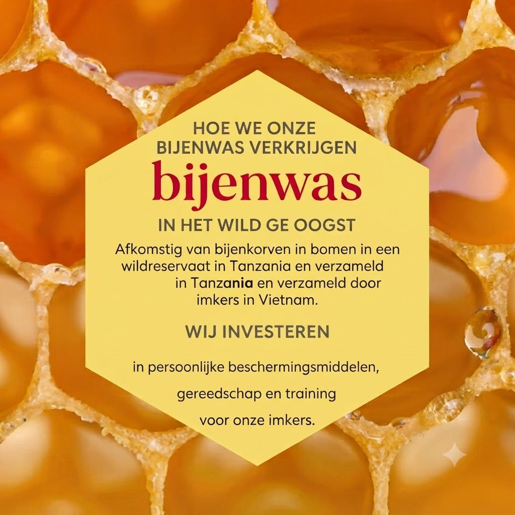 Close-up van honingraten met vloeibare honing. Een gele zeshoek met tekst over het verkrijgen van bijenwas.