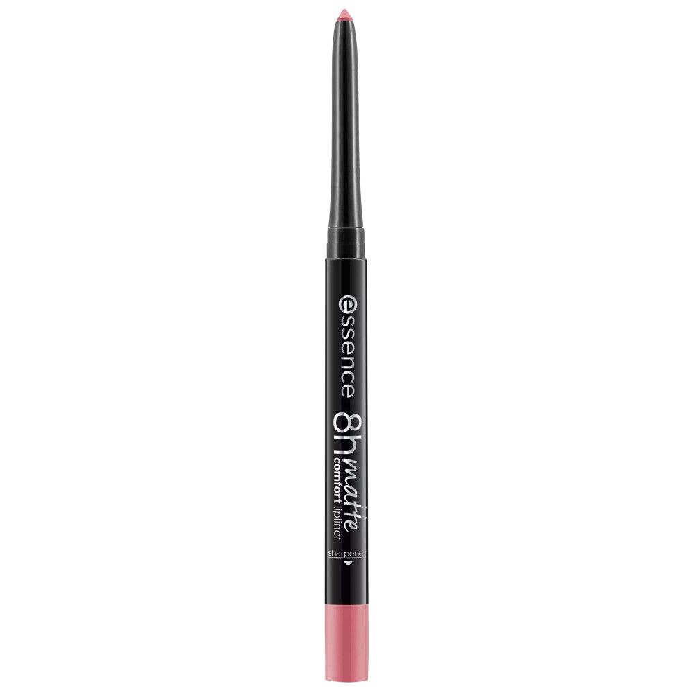 Zwarte lippenpotlood met roze punt. Opschrift: essence 8h matte comfort lipliner.