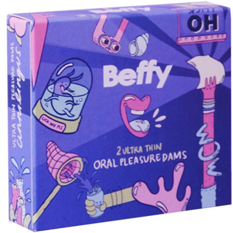 Beffy-doos, schuine weergave. Bevat 2 Ultra Thin Oral Pleasure Dams. Illustraties en tekst.