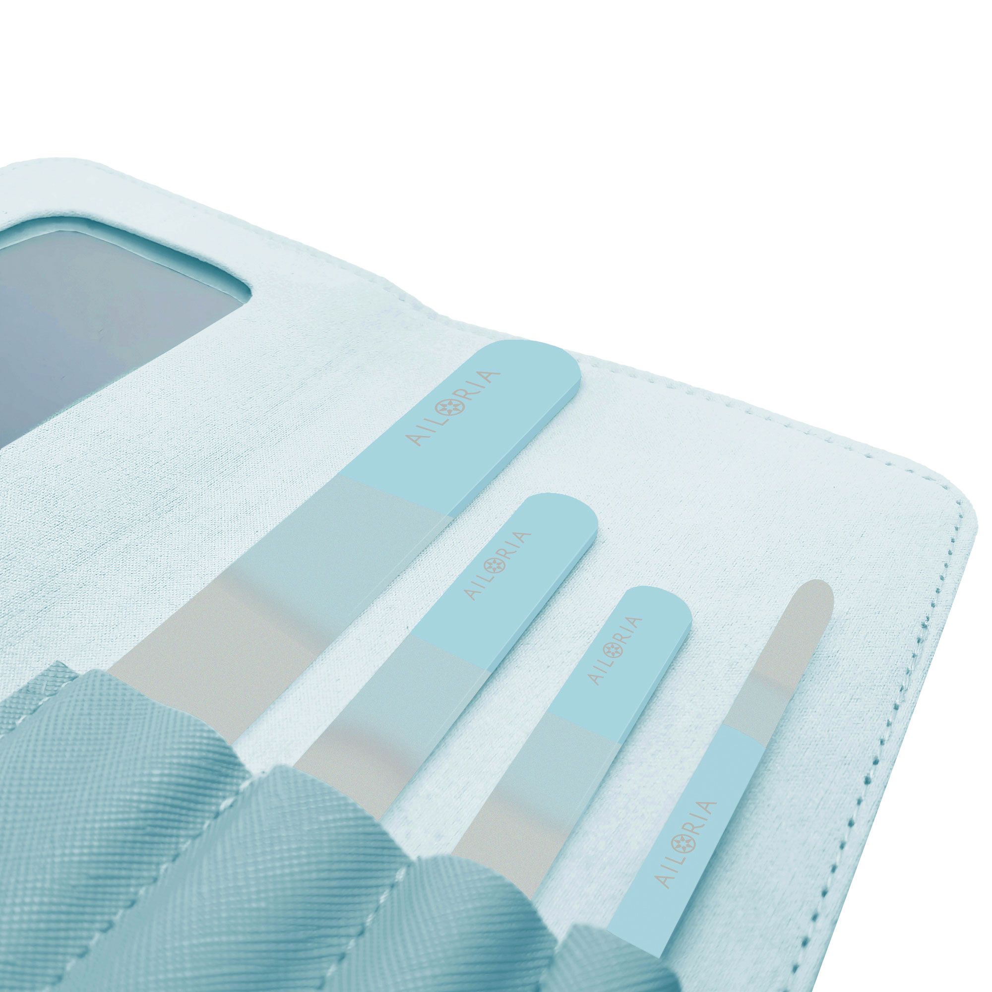 Étui bleu clair avec trois limes à ongles en verre. Les limes sont rangées dans l'étui. Le nom de la marque AILORIA est visible.