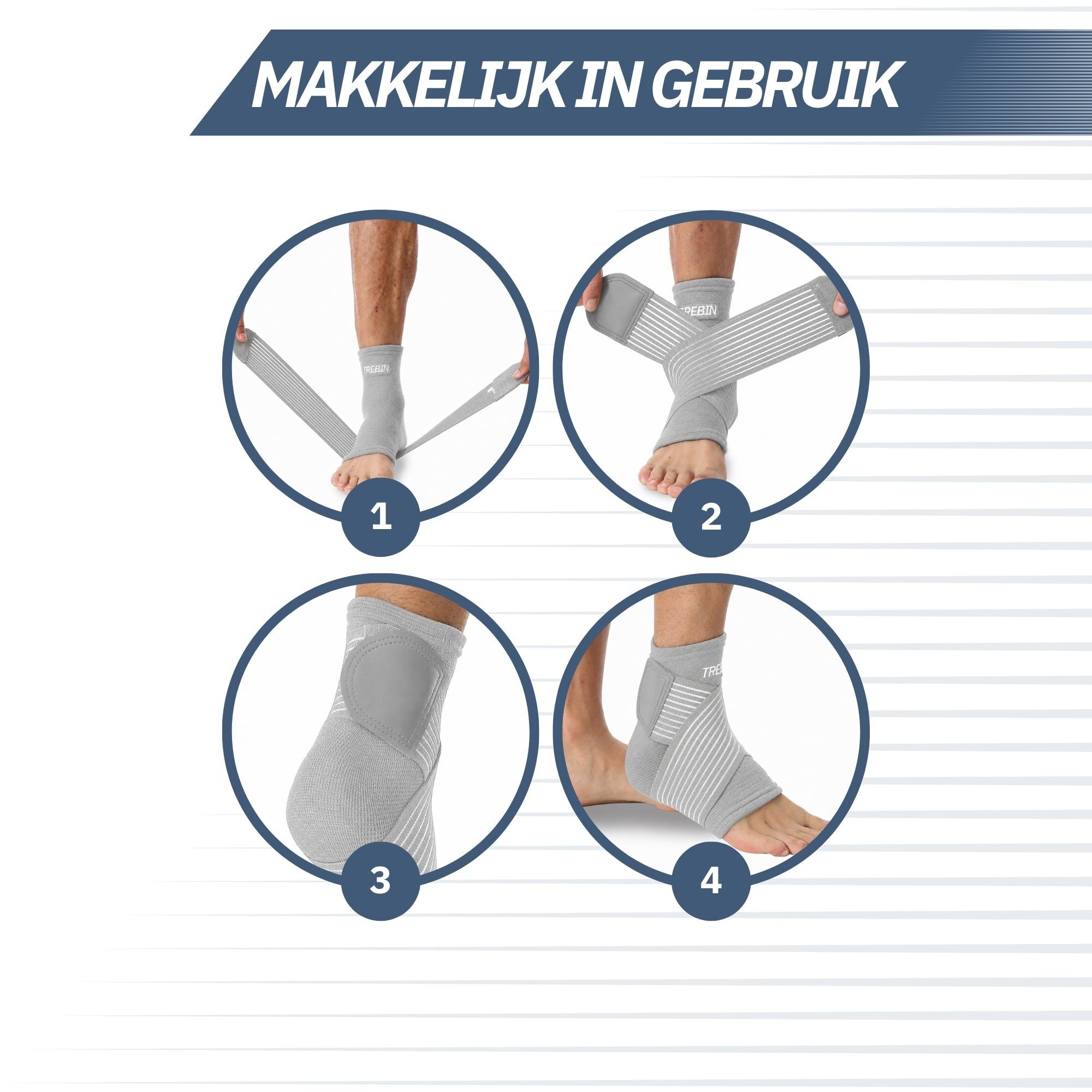 Instructies in vier stappen voor het aanbrengen van een enkelbrace.