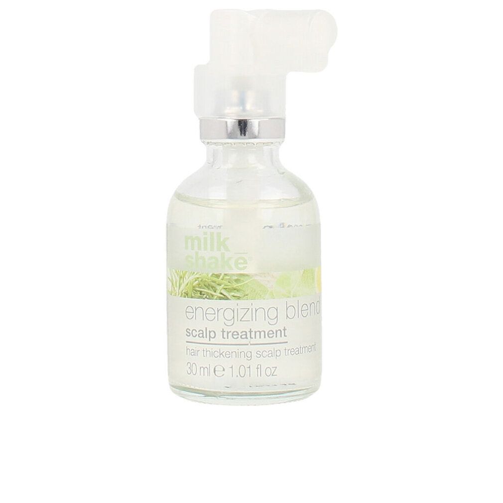 Transparante fles met verstuiver. Opschrift: energizing blend scalp treatment. 30ml.