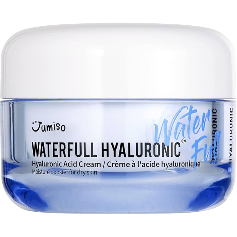 Pot de crème bleu avec couvercle blanc. Inscription: JUMISO WATERFULL HYALURONIC. Crème pour peau sèche.