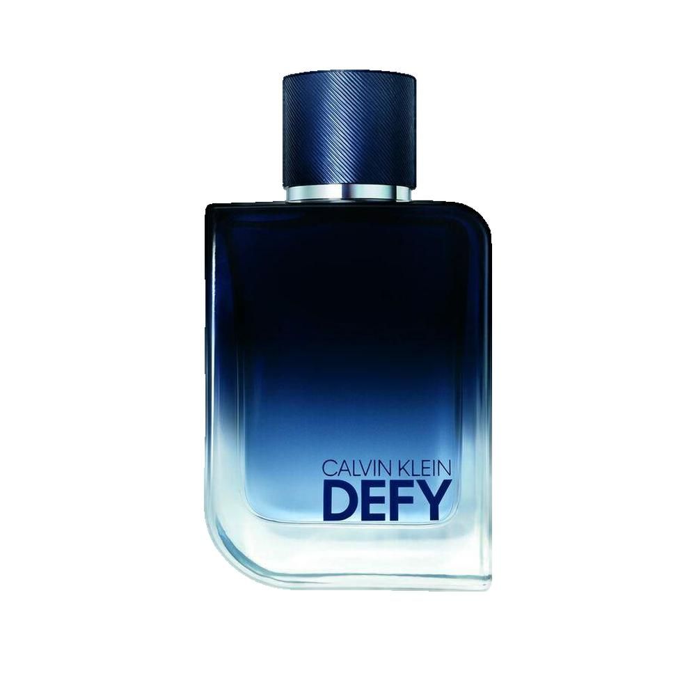 Donkerblauwe parfumfles met opschrift CALVIN KLEIN DEF. Fles met blauwe dop.