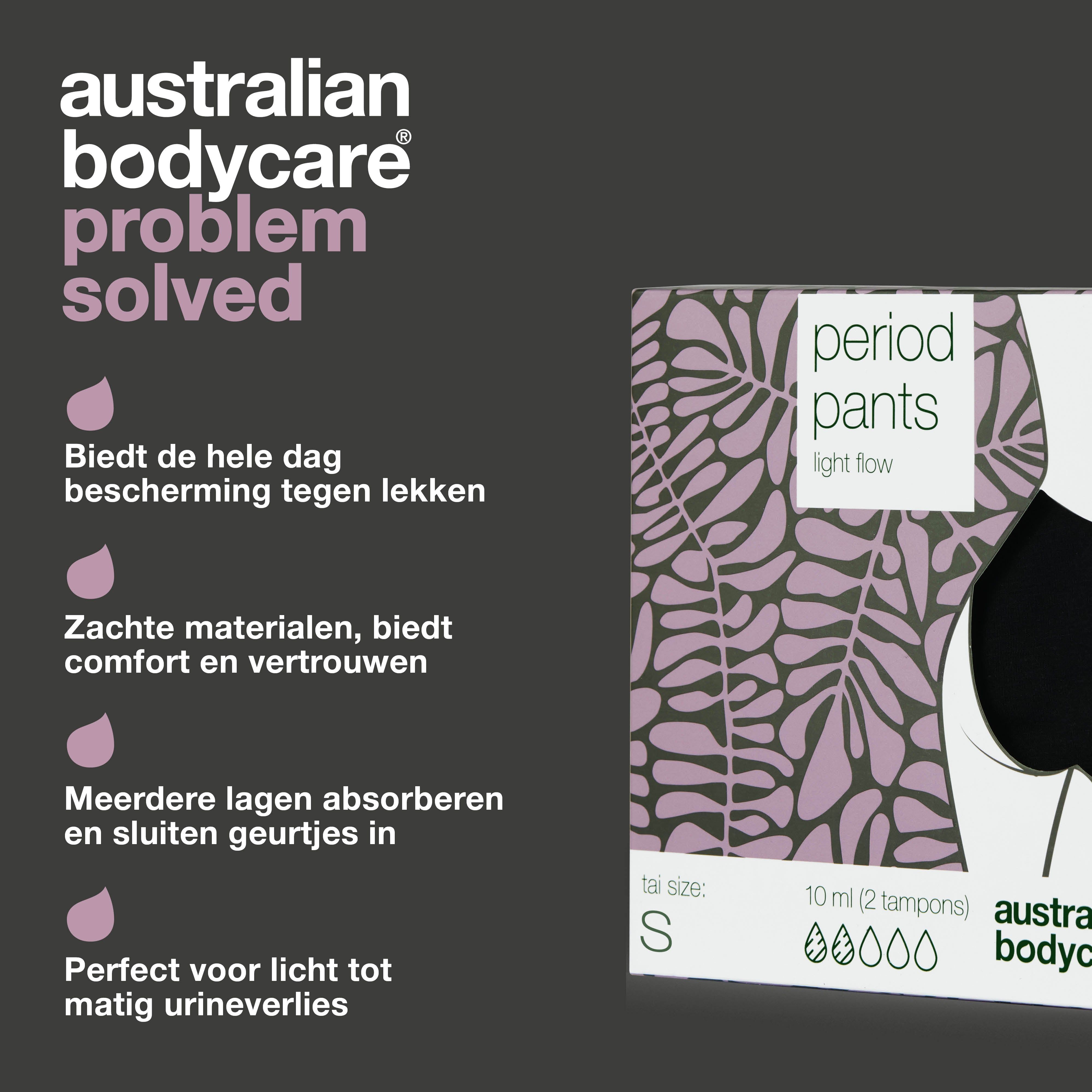 Productverpakking met menstruatiebroekje. Maat S, 10 ml (2 tampons). Merk: Australian Bodycare.