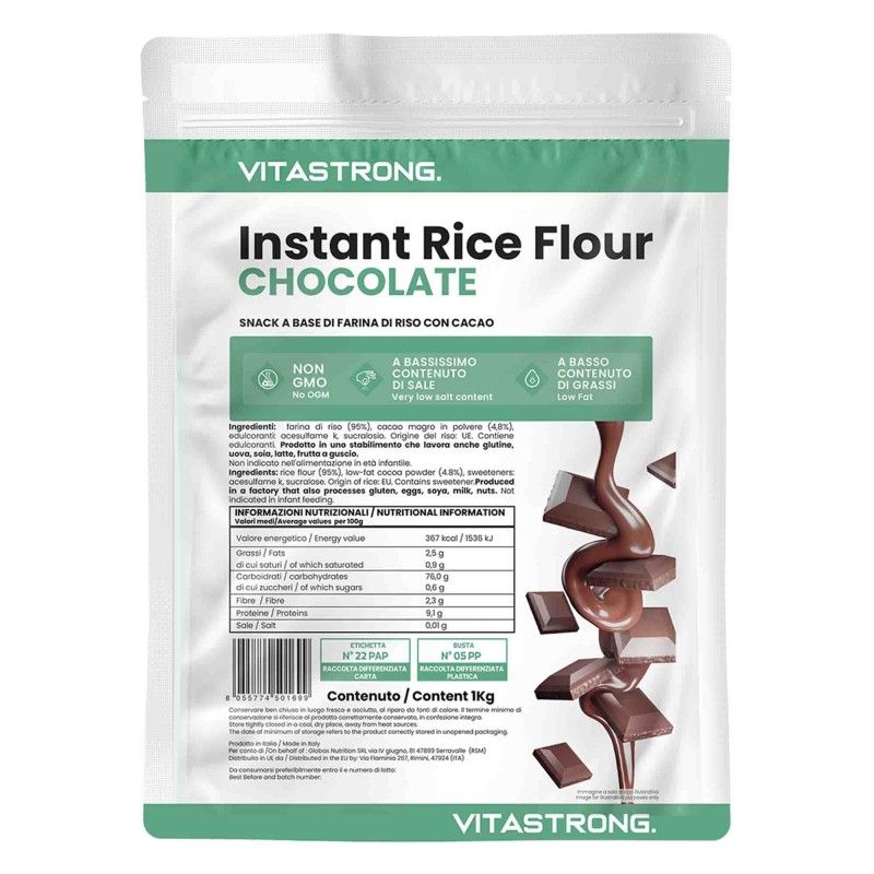 Vitastrong Instant Rice Flour - Choco. Zakje met tekst en stukjes chocolade. Bevat voedingswaarde- en ingrediënteninformatie.