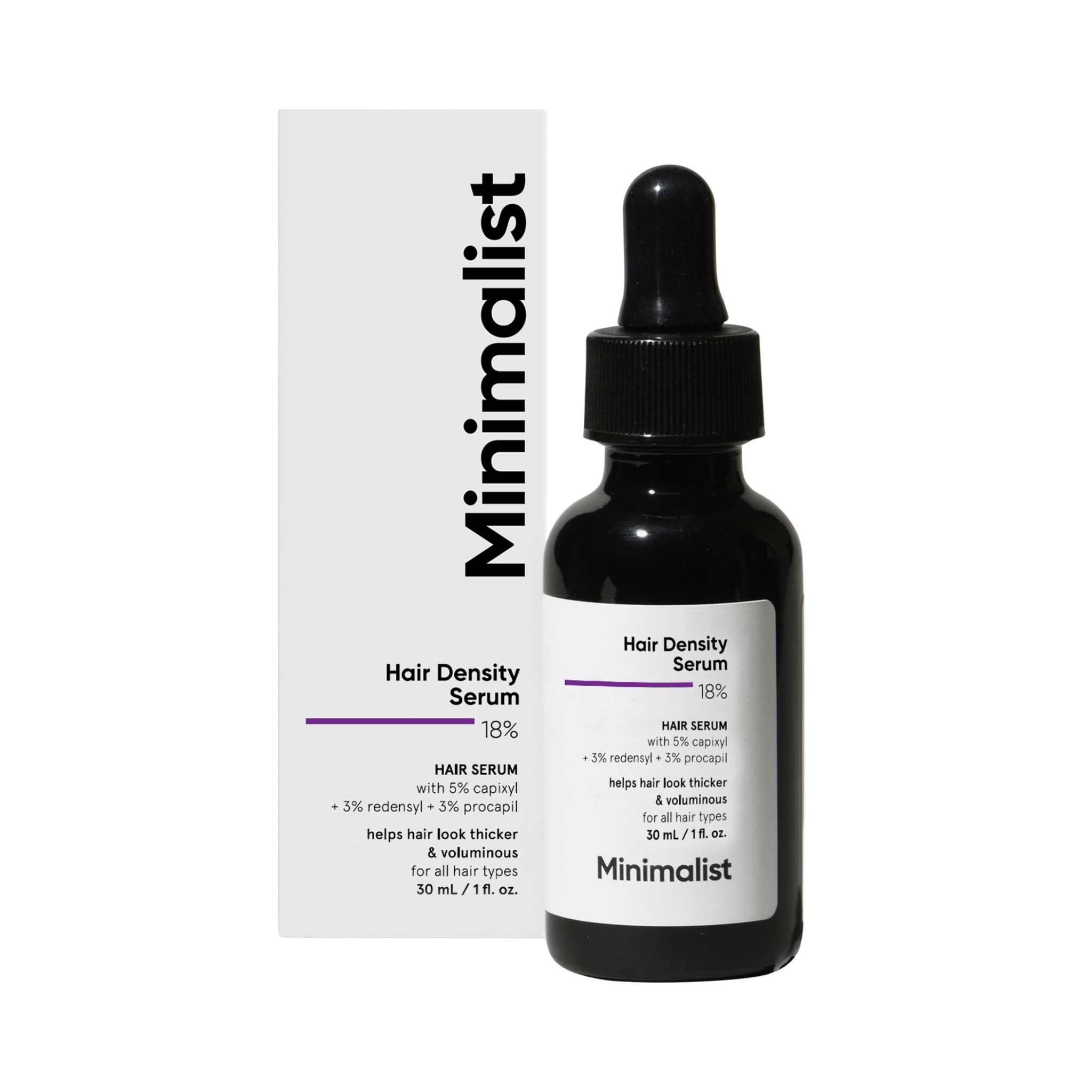 Zwarte fles met serum en pipet. Opschrift: Hair Density Serum 18%. Minimalist-logo.