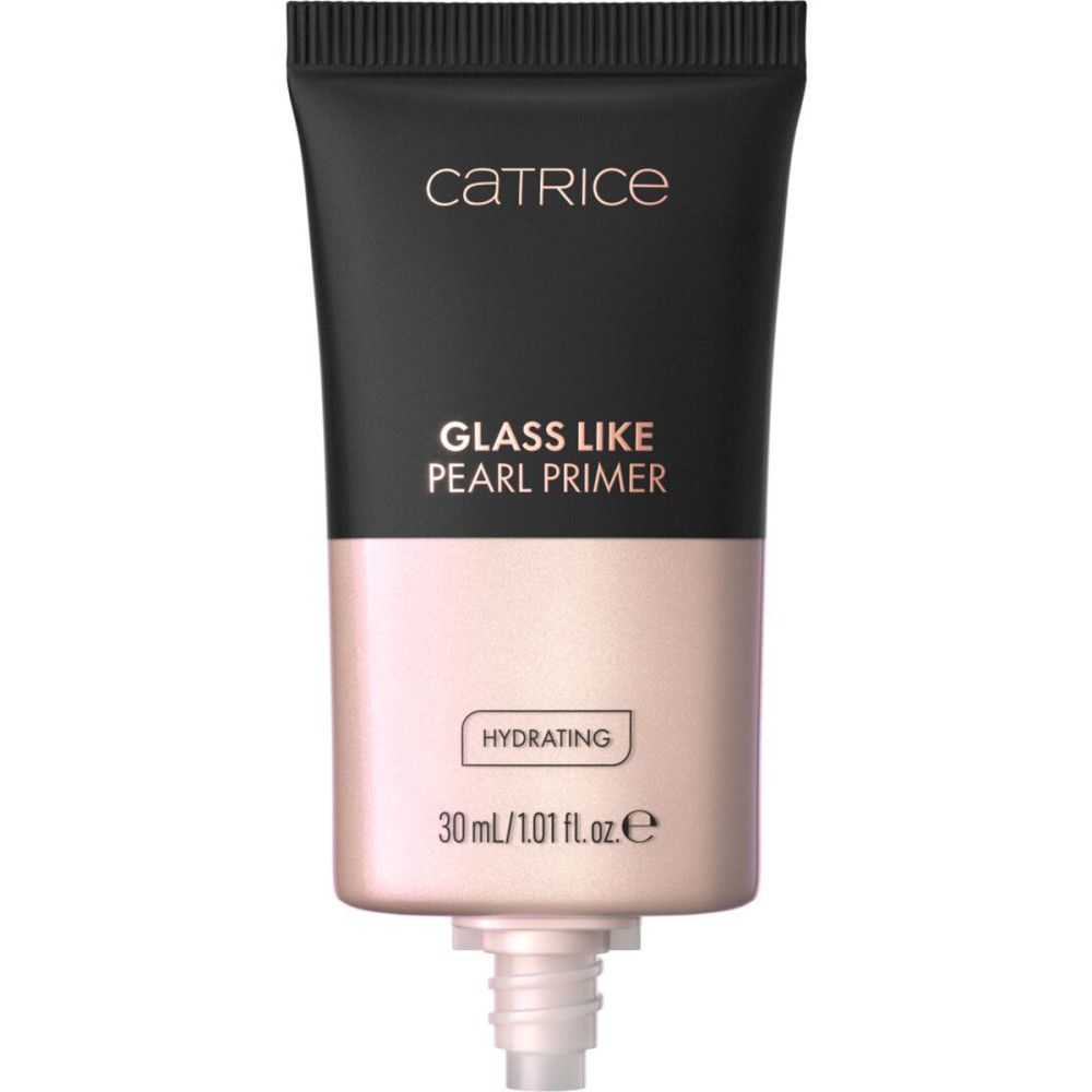 Catrice Glass Like Pearl Primer in tube. Zwart-roze tube met productnaam en informatie. Hydrating label.