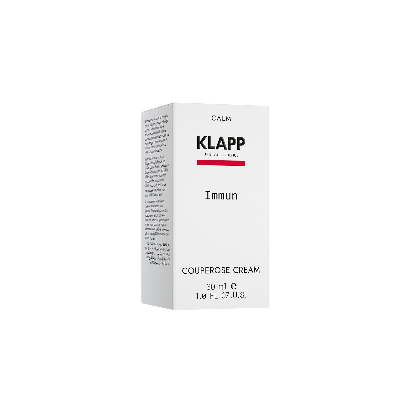 Witte doos. Boven: CALM, KLAPP, Skin Care Science. Midden: Immun. Onder: Couperose Cream, 30 ml, 1.0 FL. OZ.