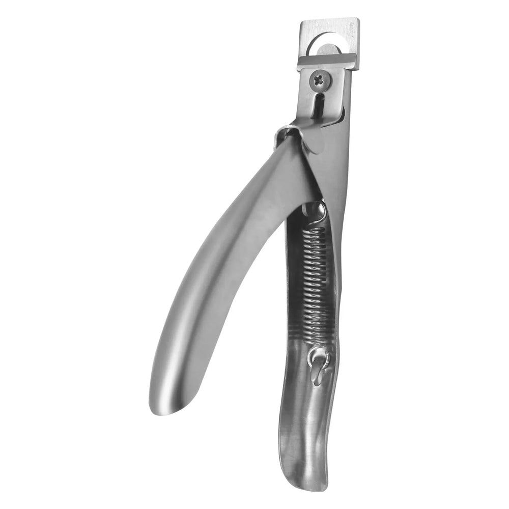 Zilverkleurige metalen klauwtang. Met veer en gebogen handvat. Bovenaanzicht.