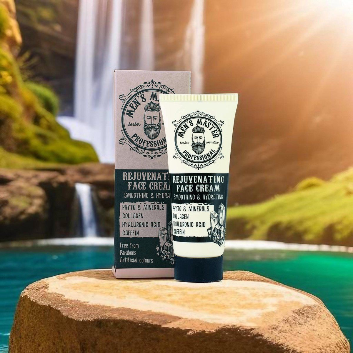 Crèmetube en doos. Opschrift: Men's Master, Rejuvenating Face Cream. Achtergrond: waterval.